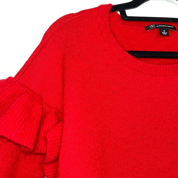 INC International Concepts Red Ruffle Shoulder Knit Sweater Xlarge Women’s - Picture 3 of 12
